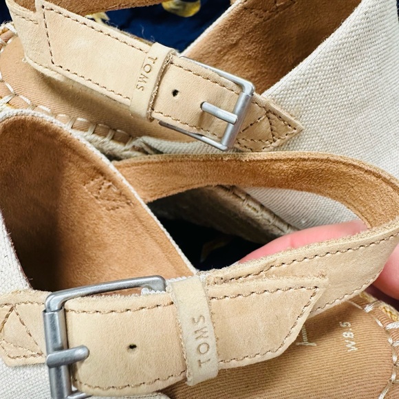 Toms Cream Canvas and Tan Leather Espadrille Wedge Sandals - Picture 11 of 12